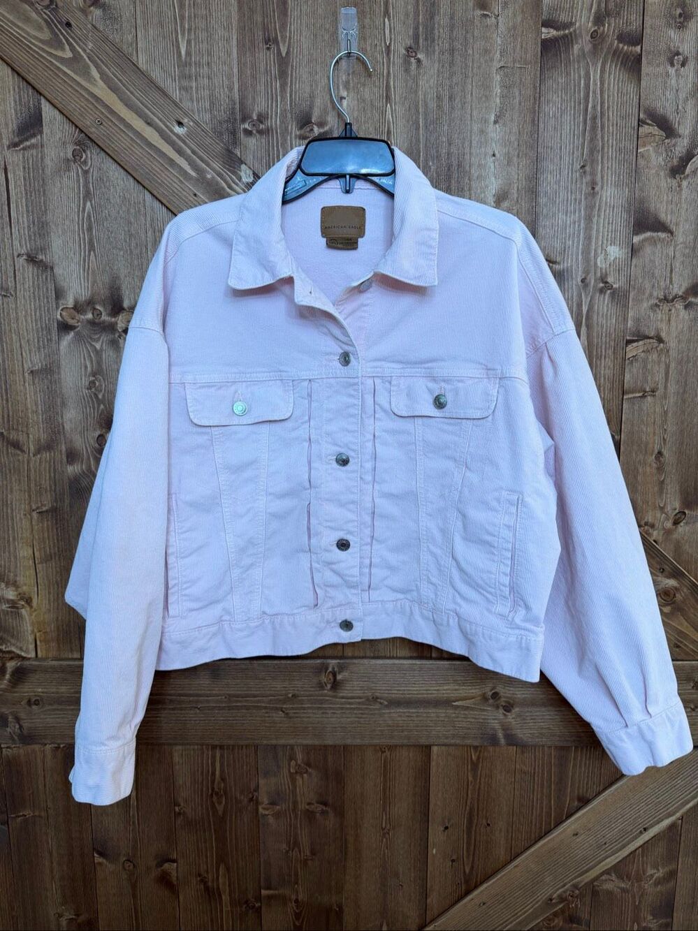 American Eagle Women’s Large Pink Corduroy Trucker Jacket Oversized Stretch(9206